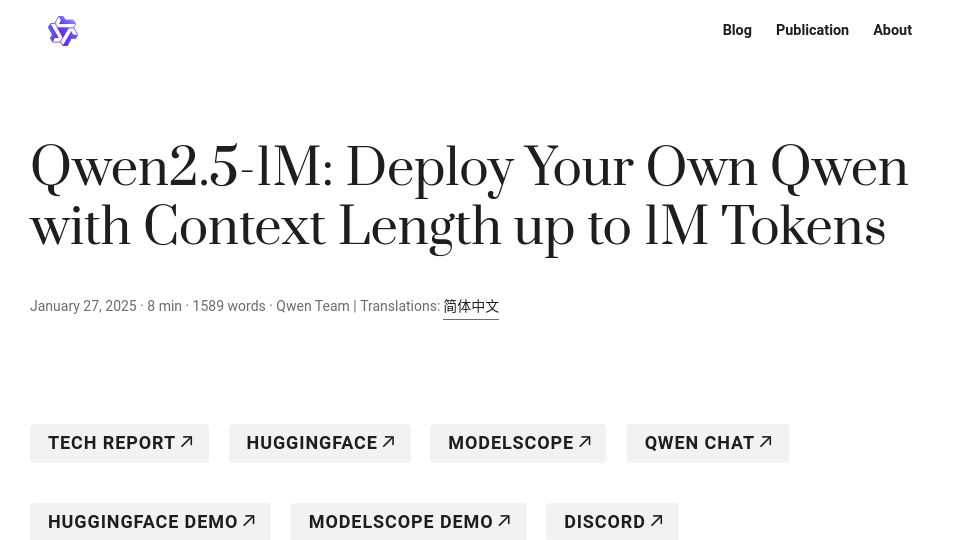Screenshot of qwenlm.github.io: Qwen2.5-1M: Deploy your own Qwen with context length up to 1M tokens