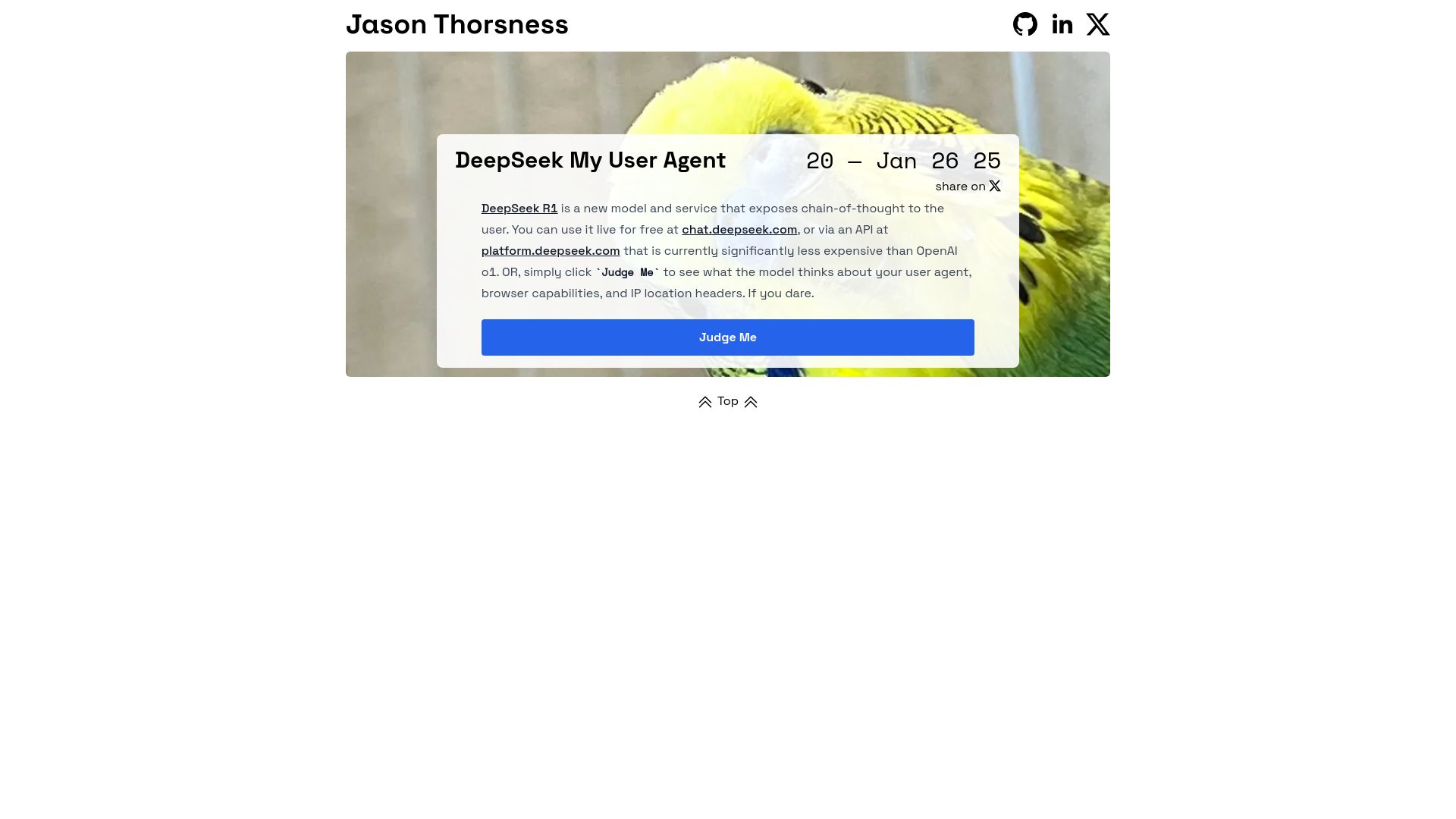 Screenshot of jasonthorsness.com: Show HN: DeepSeek My User Agent