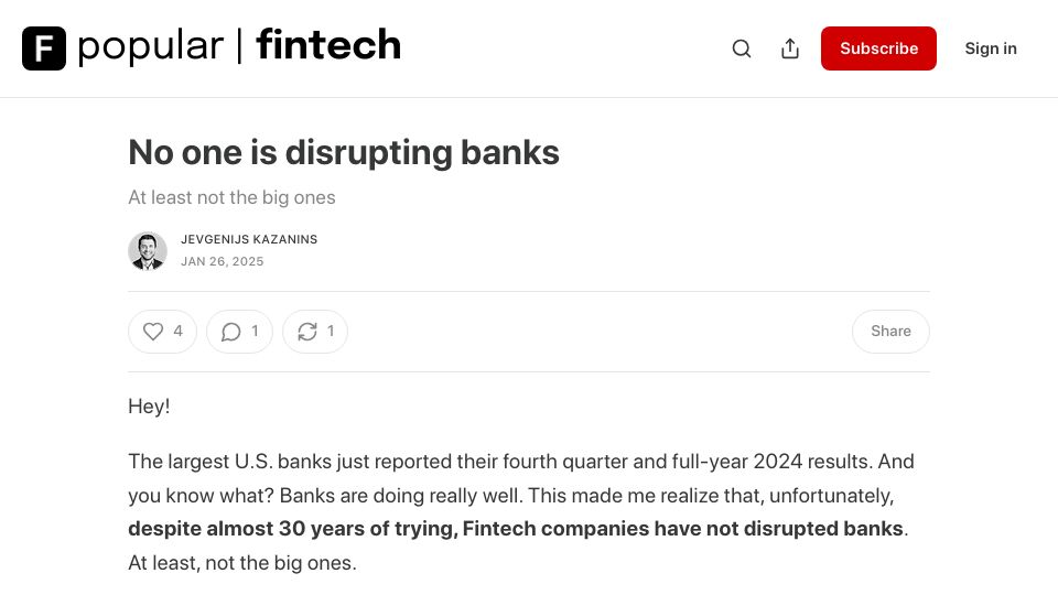 Screenshot of popularfintech.com: No one is disrupting banks – at least not the big ones