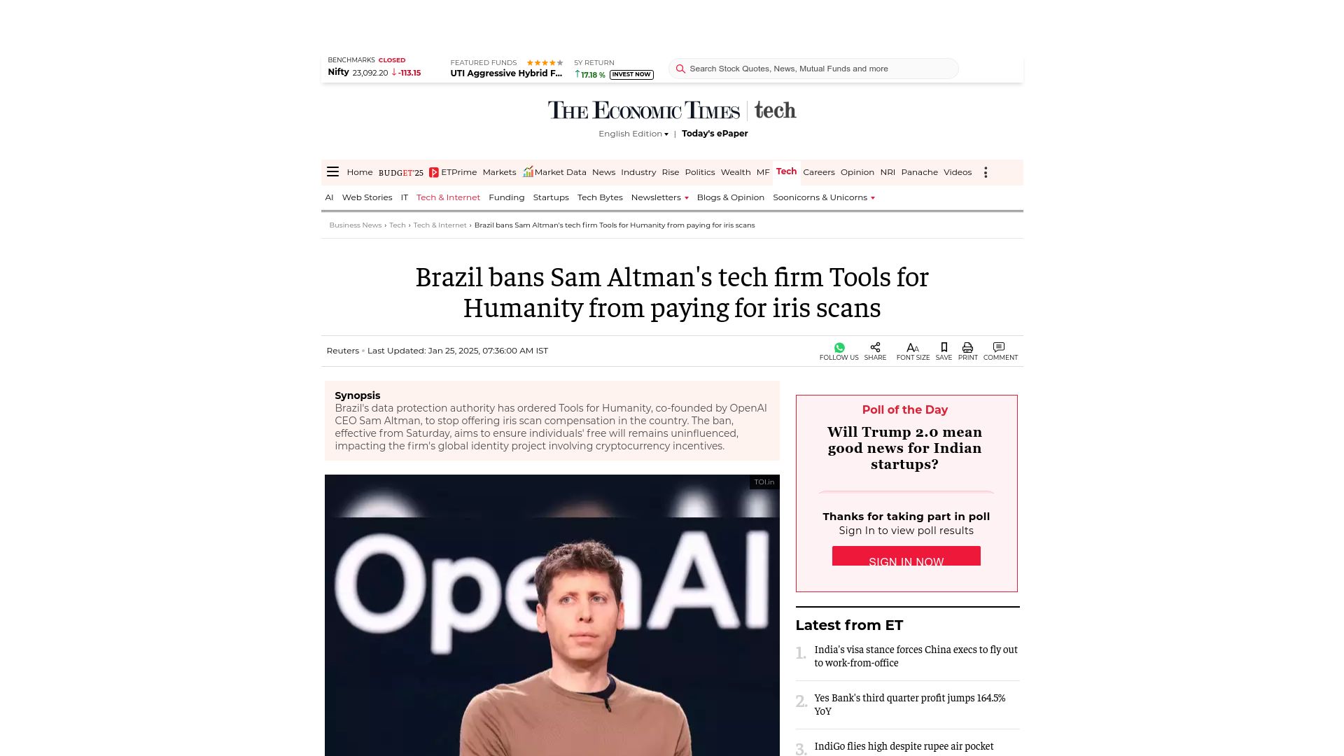 Screenshot of economictimes.indiatimes.com: Brazil bans Sam Altman's tech firm Tools for Humanity from paying for iris scans