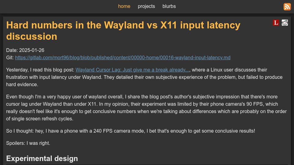 Screenshot of mort.coffee: Hard numbers in the Wayland vs. X11 input latency discussion