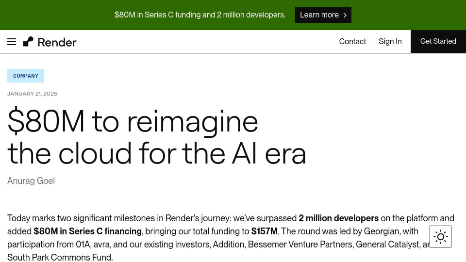 Screenshot of render.com: Render raises $80M in Series C financing