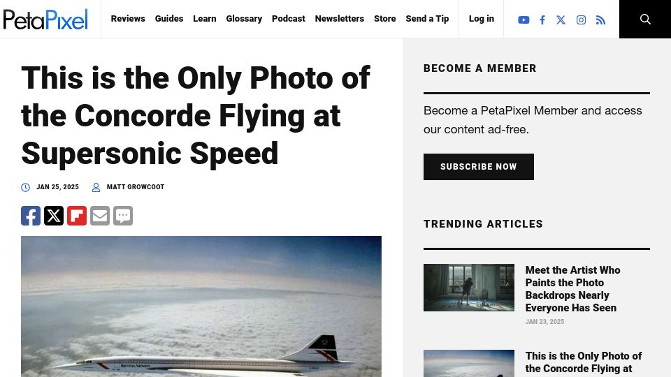 Screenshot of petapixel.com: The only photo of the Concorde flying at supersonic speed