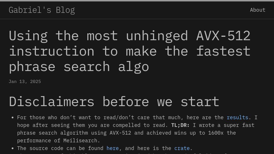 Screenshot of gab-menezes.github.io: Using the most unhinged AVX-512 instruction to make fastest phrase search algo