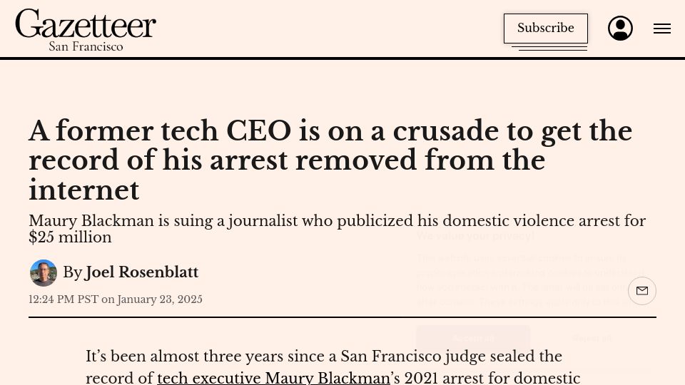 Screenshot of sf.gazetteer.co: Former tech CEO suing to get the record of his arrest removed from the internet