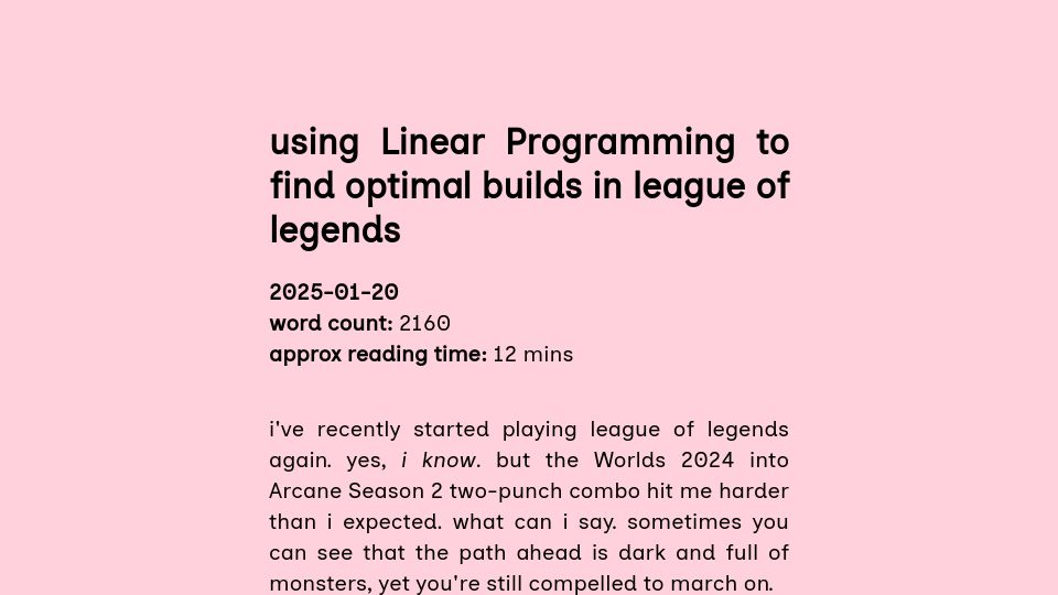 Screenshot of versary.town: Using Linear Programming to find optimal builds in League of Legend