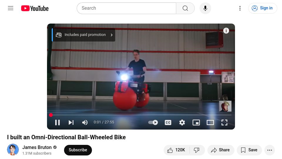 Screenshot of youtube.com: I Built an Omni-Directional Ball-Wheeled Bike [video]