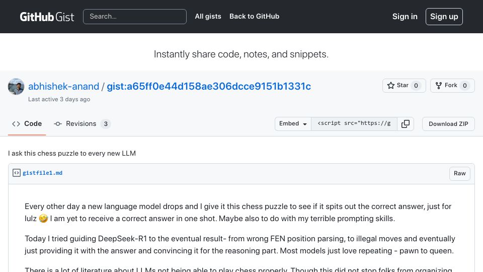 Screenshot of gist.github.com: I ask this chess puzzle to every new LLM