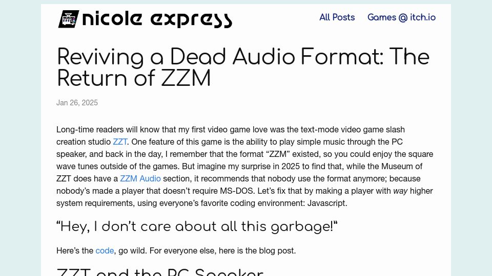 Screenshot of nicole.express: Reviving a Dead Audio Format: The Return of ZZM