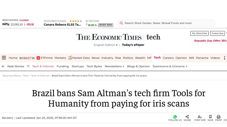 Screenshot of economictimes.indiatimes.com: Brazil bans Sam Altman's tech firm Tools for Humanity from paying for iris scans