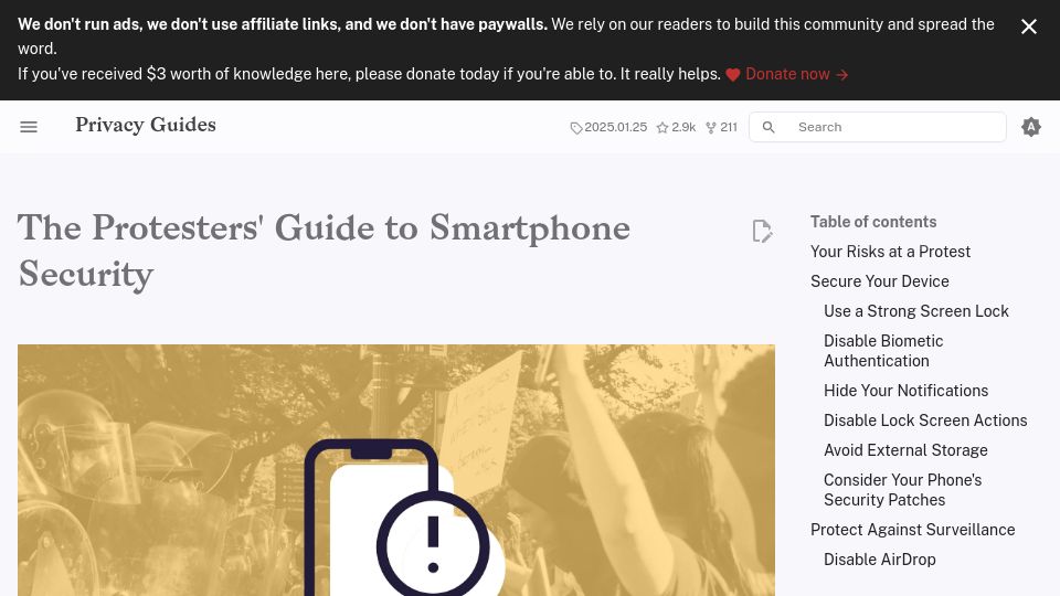 Screenshot of privacyguides.org: The protester's guide to smartphone security