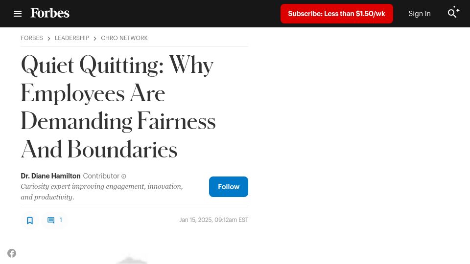 Screenshot of forbes.com: Quiet Quitting: Why Employees Are Demanding Fairness and Boundaries