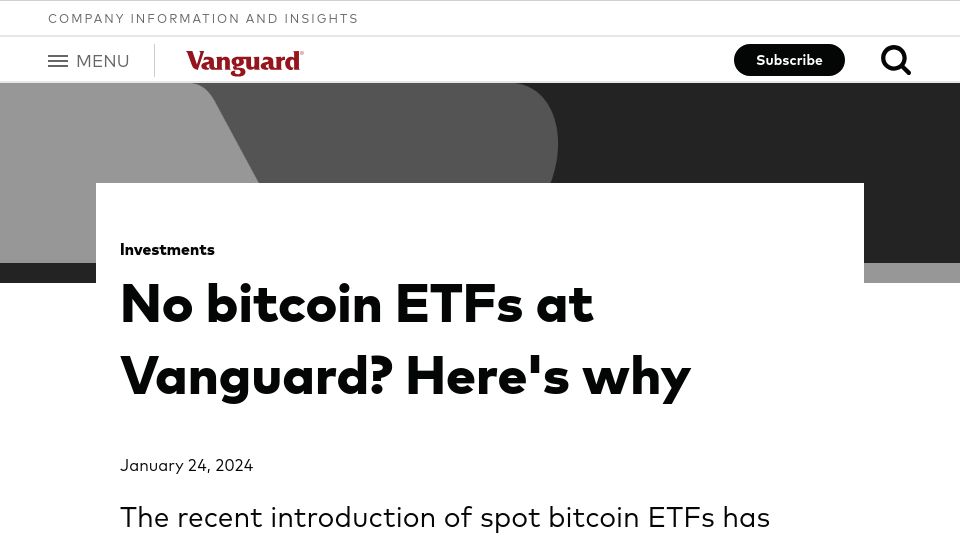 Screenshot of corporate.vanguard.com: No Bitcoin ETFs at Vanguard? Here's why
