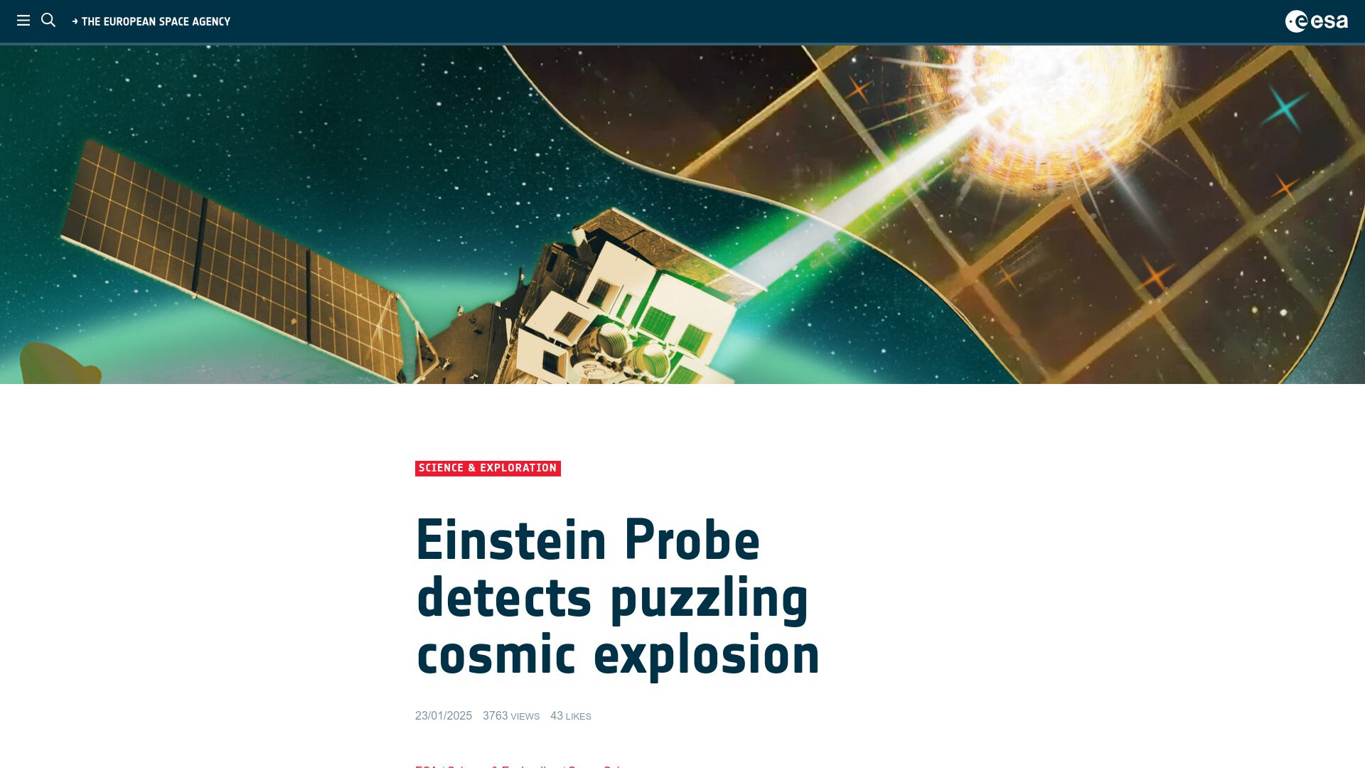 Screenshot of esa.int: Einstein Probe detects puzzling cosmic explosion