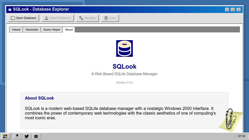 Screenshot of sqlook.com: SQLook – A free online SQLite database manager with a Windows 2000 interface