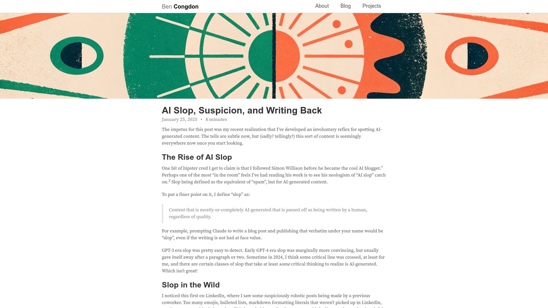 Screenshot of benjamincongdon.me: AI slop, suspicion, and writing back