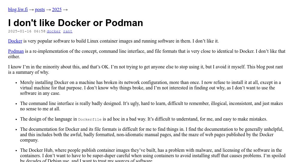 Screenshot of blog.liw.fi: I don't like Docker or Podman