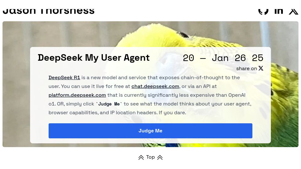 Screenshot of jasonthorsness.com: Show HN: DeepSeek My User Agent