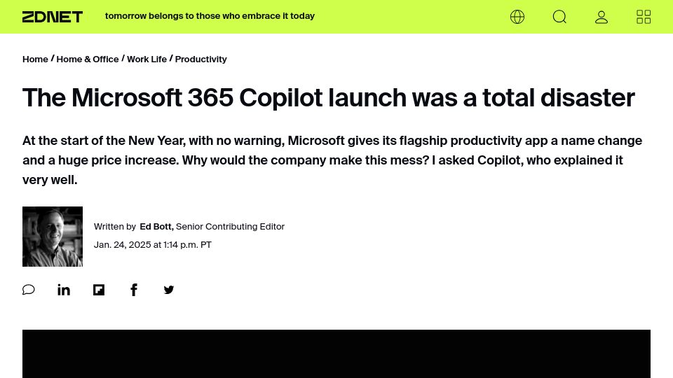 Screenshot of zdnet.com: The Microsoft 365 Copilot launch was a disaster