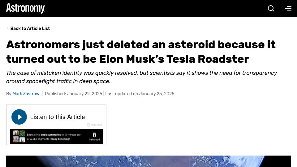 Screenshot of astronomy.com: Astronomers delete asteroid because it turned out to be Tesla Roadster