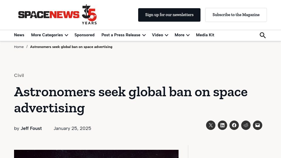 Screenshot of spacenews.com: Astronomers seek global ban on space advertising