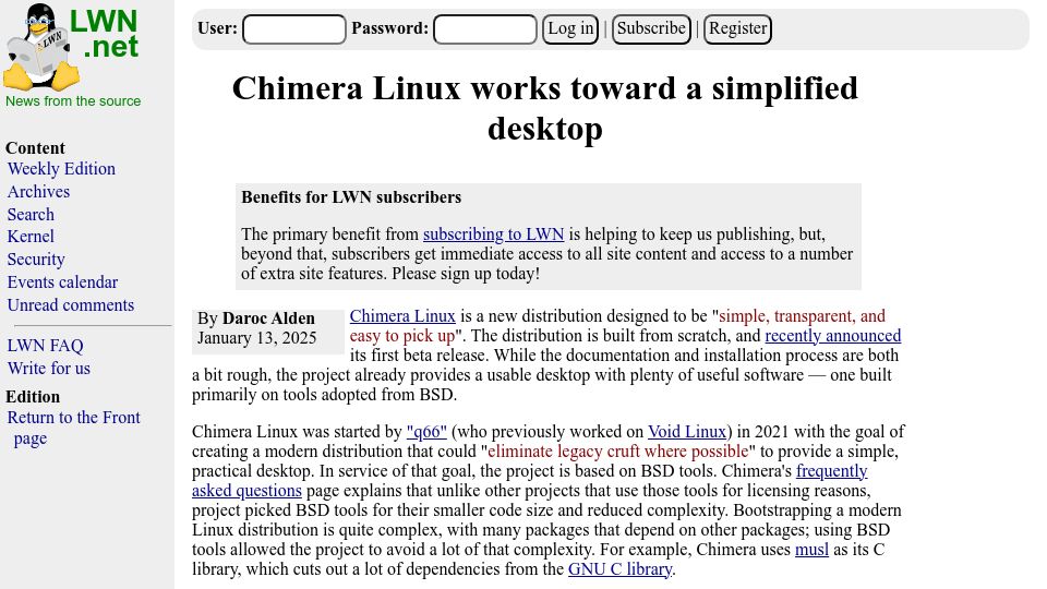 Screenshot of lwn.net: Chimera Linux works toward a simplified desktop