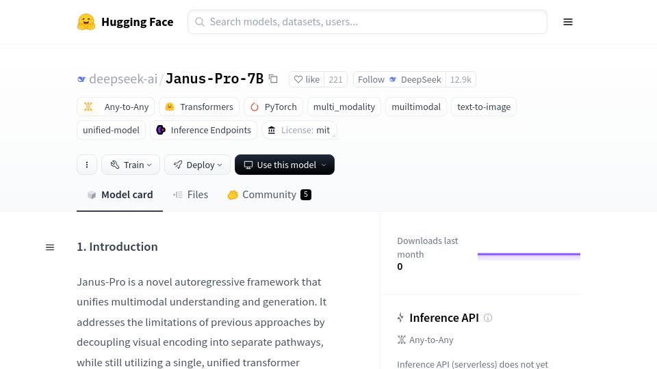 Screenshot of huggingface.co: Janus-Pro: Autoregressive framework unifying multimodal understanding&generation