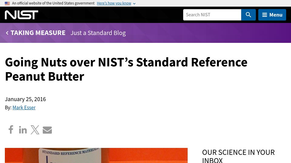 Screenshot of nist.gov: Peanut Butter Day: Going Nuts over NIST's Standard Reference Peanut Butter (2016)