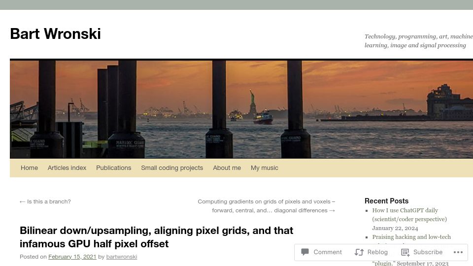 Screenshot of bartwronski.com: Bilinear down/upsampling, aligning pixel grids, and that infamous GPU half pixel (2021)