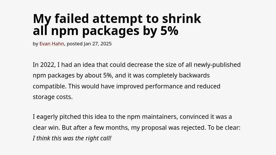 Screenshot of evanhahn.com: My failed attempt to shrink all NPM packages by 5%