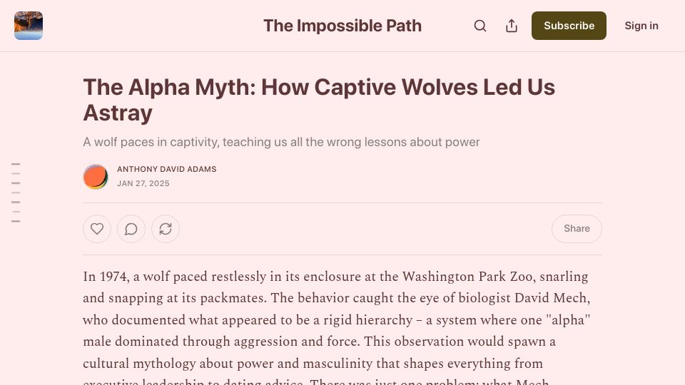 Screenshot of anthonydavidadams.substack.com: The Alpha Myth: How captive wolves led us astray