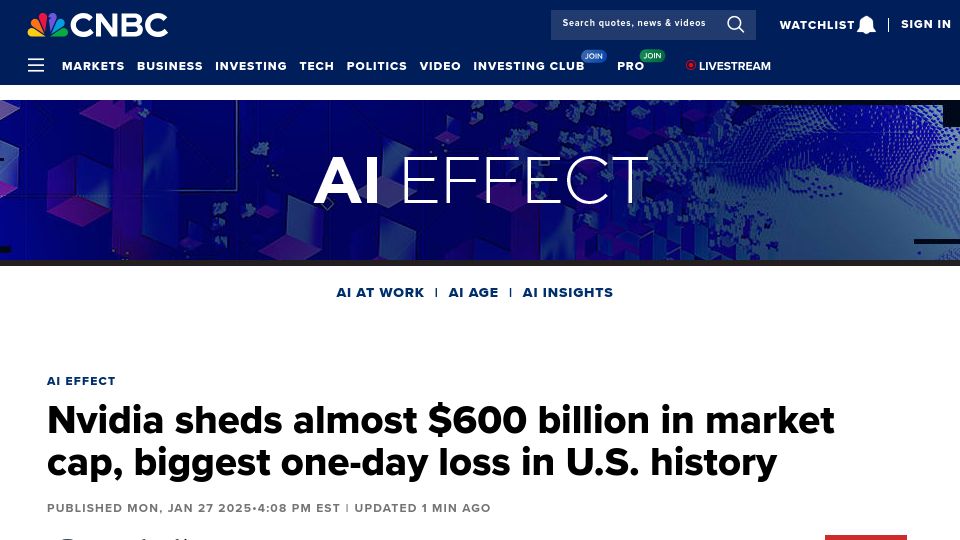 Screenshot of cnbc.com: Nvidia sheds almost $600B in market cap