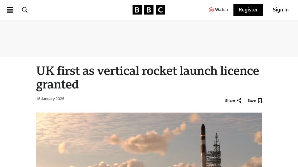Screenshot of bbc.com: UK first as vertical rocket launch licence granted