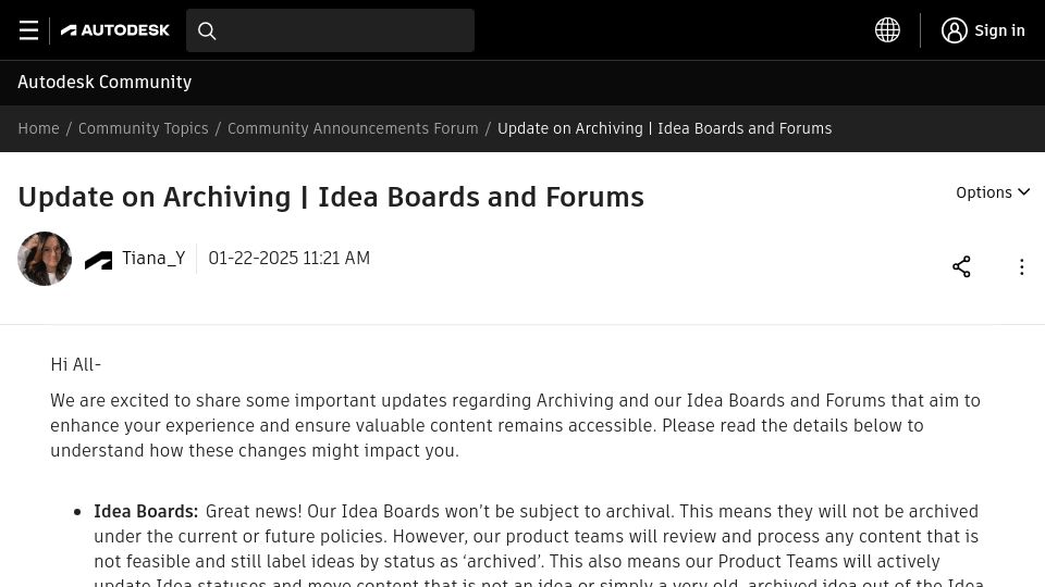 Screenshot of forums.autodesk.com: Autodesk partially restores old forum posts