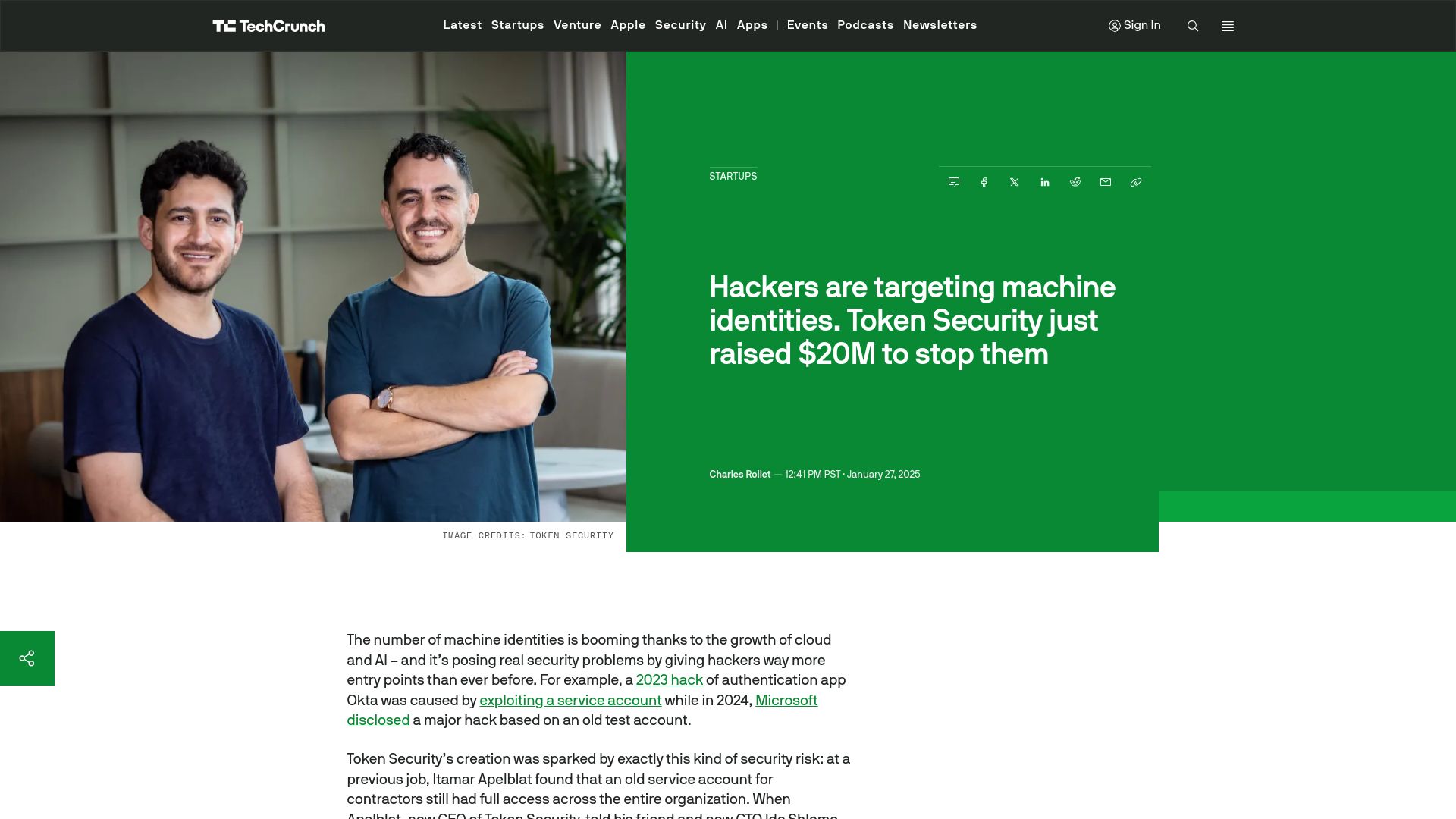 Screenshot of techcrunch.com: Hackers are targeting machine identities;Token Security raised $20M to stop them