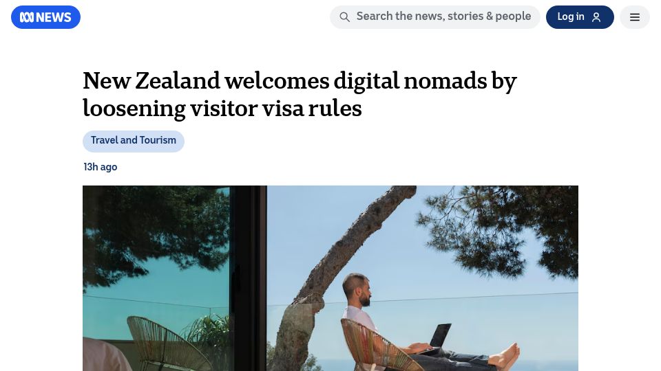 Screenshot of abc.net.au: New Zealand welcomes digital nomads by loosening visitor visa rules