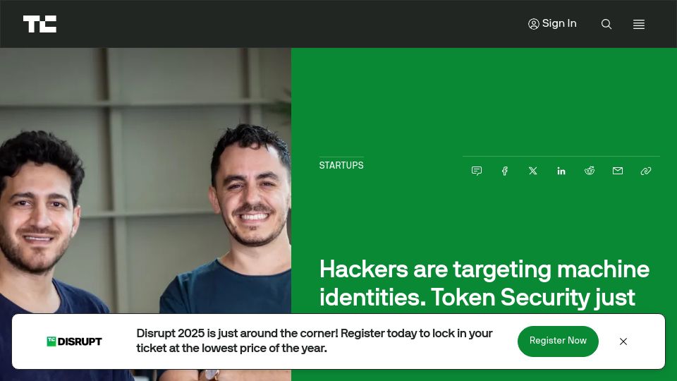 Screenshot of techcrunch.com: Hackers are targeting machine identities;Token Security raised $20M to stop them