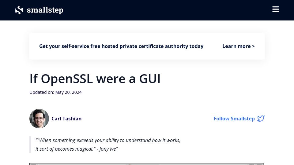 Screenshot of smallstep.com: If OpenSSL were a GUI (2022)