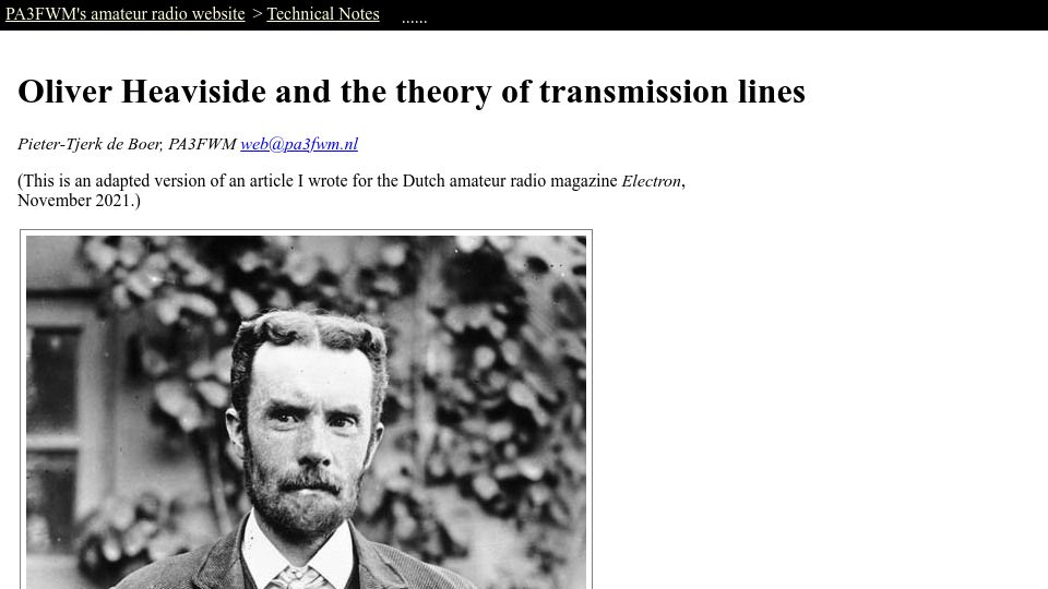 Screenshot of pa3fwm.nl: Oliver Heaviside and the theory of transmission lines (2021)