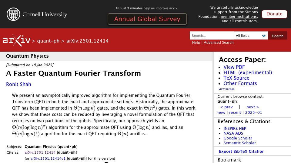 Screenshot of arxiv.org: A Faster Quantum Fourier Transform