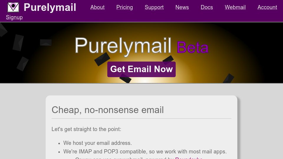 Screenshot of purelymail.com: Purelymail: Cheap, no-nonsense email