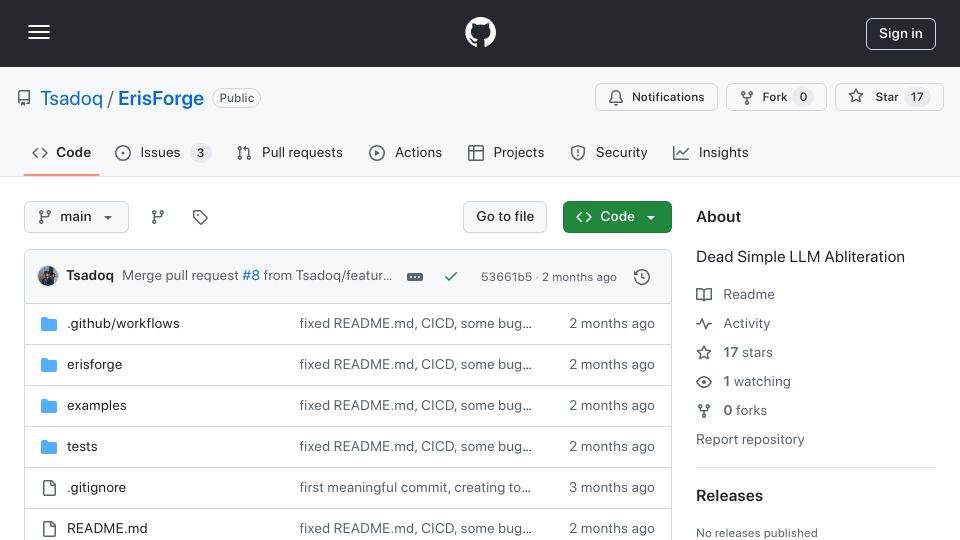 Screenshot of github.com: Show HN: I Created ErisForge, a Python Library for Abliteration of LLMs