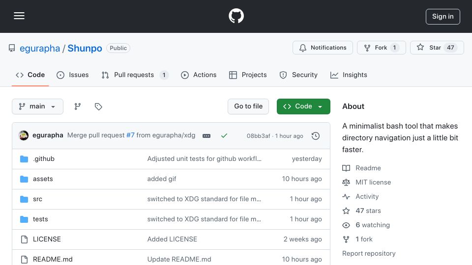 Screenshot of github.com: Shunpo: Minimalist bash tool to make directory navigation a little bit faster
