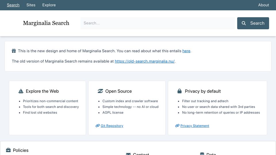 Screenshot of marginalia-search.com: Marginalia – A search engine that prioritizes non-commercial content