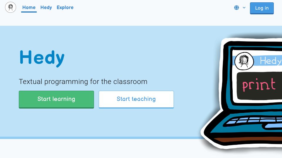 Screenshot of hedy.org: Hedy: Textual programming made easy
