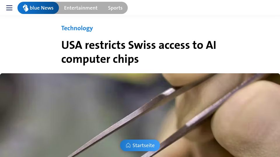 Screenshot of bluewin.ch: US blocking Swiss access to AI chips