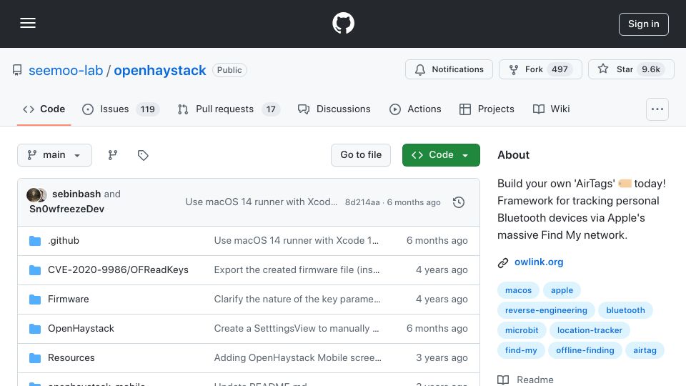 Screenshot of github.com: Openhaystack: Build 'AirTags' – track Bluetooth devices via Apple's network