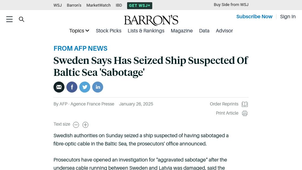 Screenshot of barrons.com: Sweden Seizes Ship Suspected of Baltic Sea 'Sabotage'