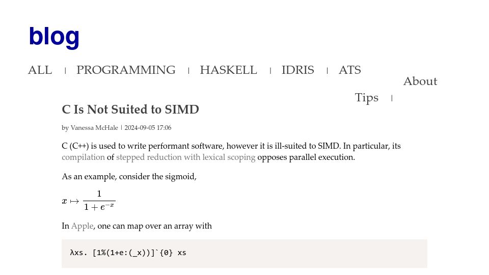 Screenshot of blog.vmchale.com: C is not suited to SIMD (2019)