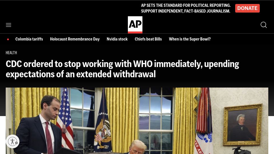 Screenshot of apnews.com: CDC ordered to stop working with WHO immediately